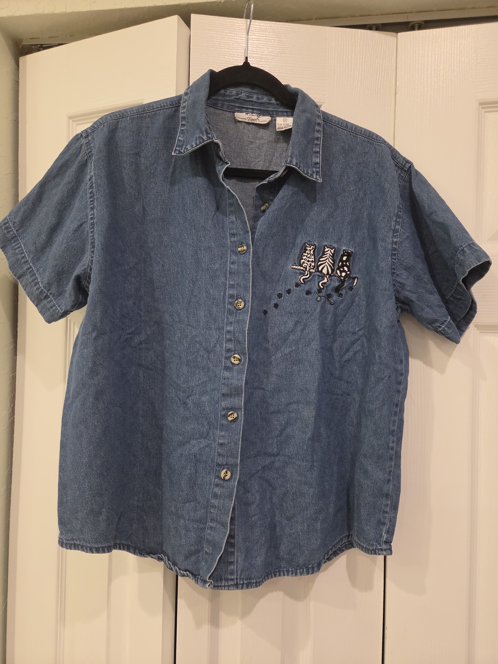 Vintage 90s Denim Short-Sleeve Button-Up With Cats And Paw Prints 100% Cotton